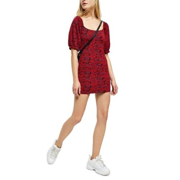 Free People Sunset Mini Dress L NWT Red Multi Print Puff Sleeve Bodycon Stretch - Picture 7 of 11